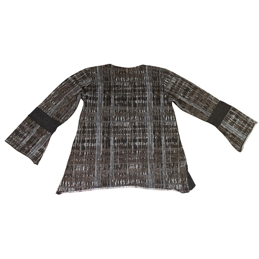 Yak & Yeti Tunic Top Abstract Grid Bell Sleeve Asymmetrical Gray Women's Size M - Picture 3 of 7